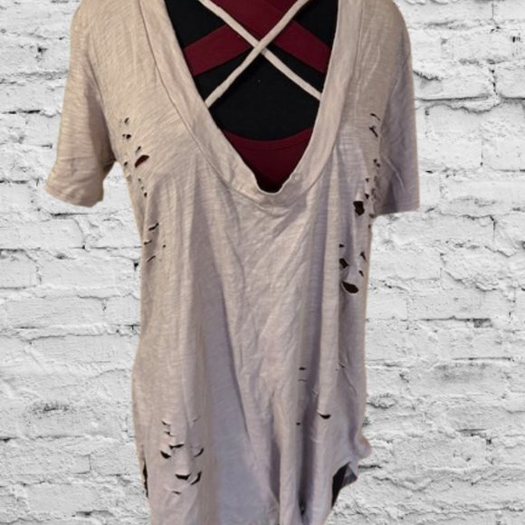 Mauve V Neck Distressed Tee - Picture 1 of 11